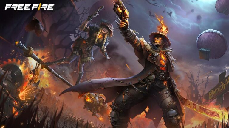 Free Fire character in a fiery battlefield