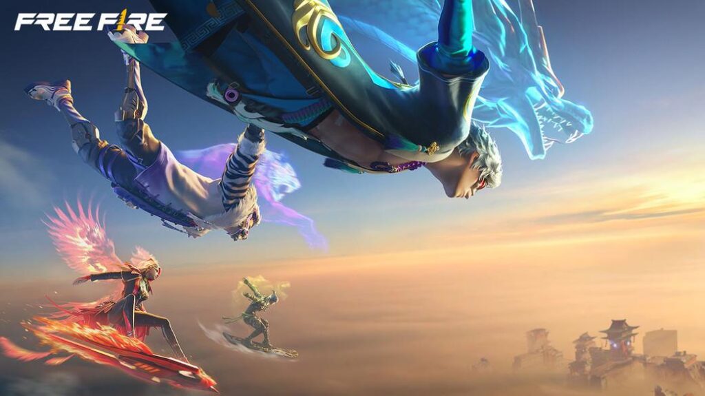 Free Fire MAX: characters skydiving into the map