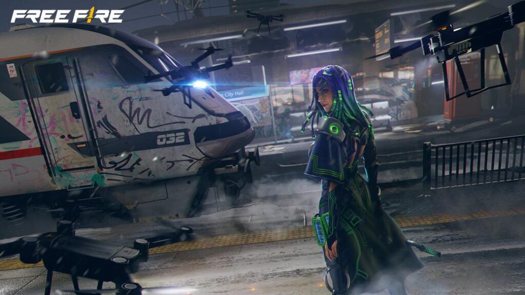 Free Fire character in a futuristic city