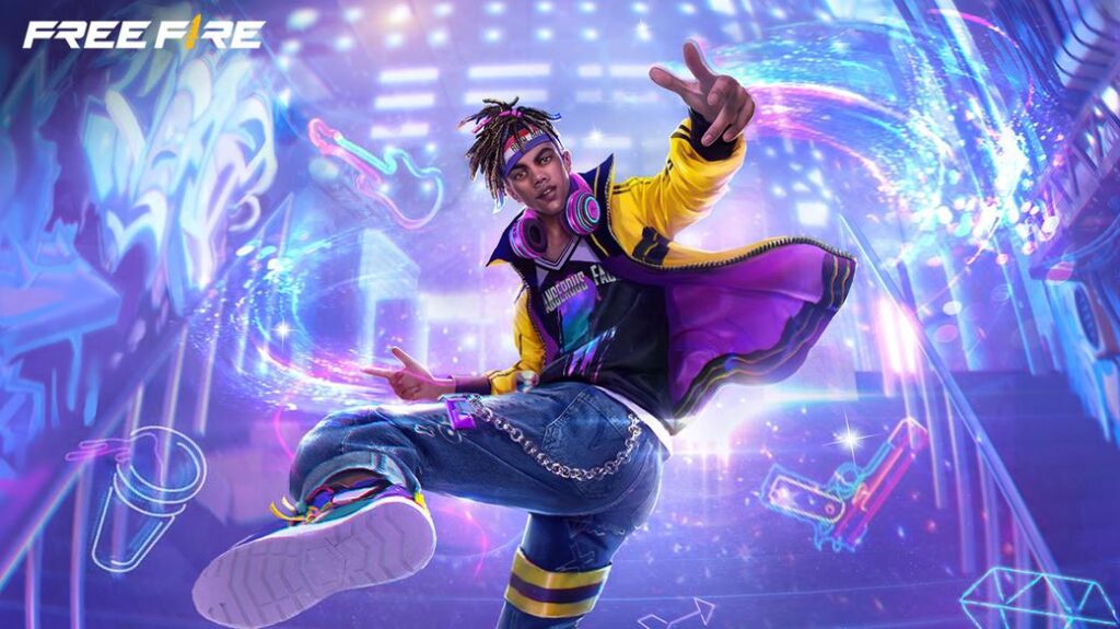 Free Fire character dancing in neon lights