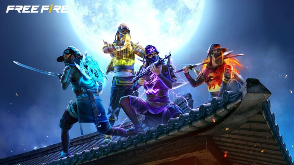 Free Fire squad on a rooftop under the moon
